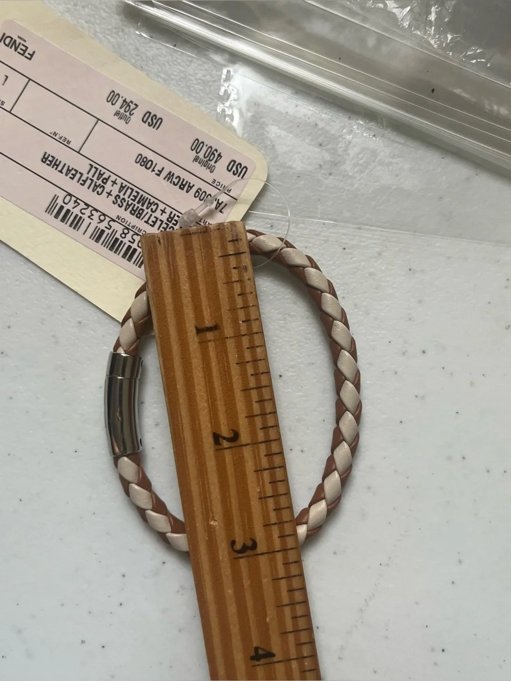 Fendi NWT Braided‎ Leather Bracelet Large Saddle Camelia Palladium Clasp